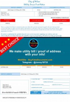 North Carolina City of Wilson utility bill Sample Fake utility bill